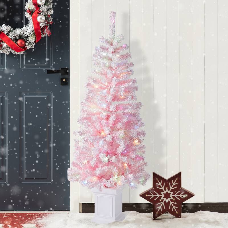 Glitzhome 4ft/5ft Pre-Lit Flocked Pink Artificial Christmas Porch Tree with Foot Pedal LED Lights