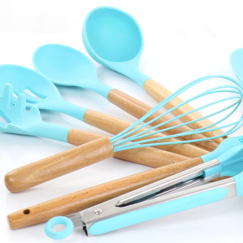MegaChef 12 Piece Light Teal Silicone and Wood Kitchen Utensil Set