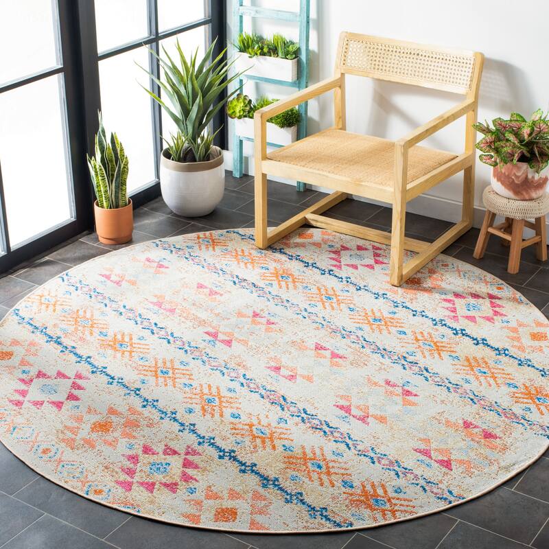 SAFAVIEH Summer Osuma Boho Indoor/ Outdoor Waterproof Patio Backyard Rug - 6'7" Round - Ivory/Red