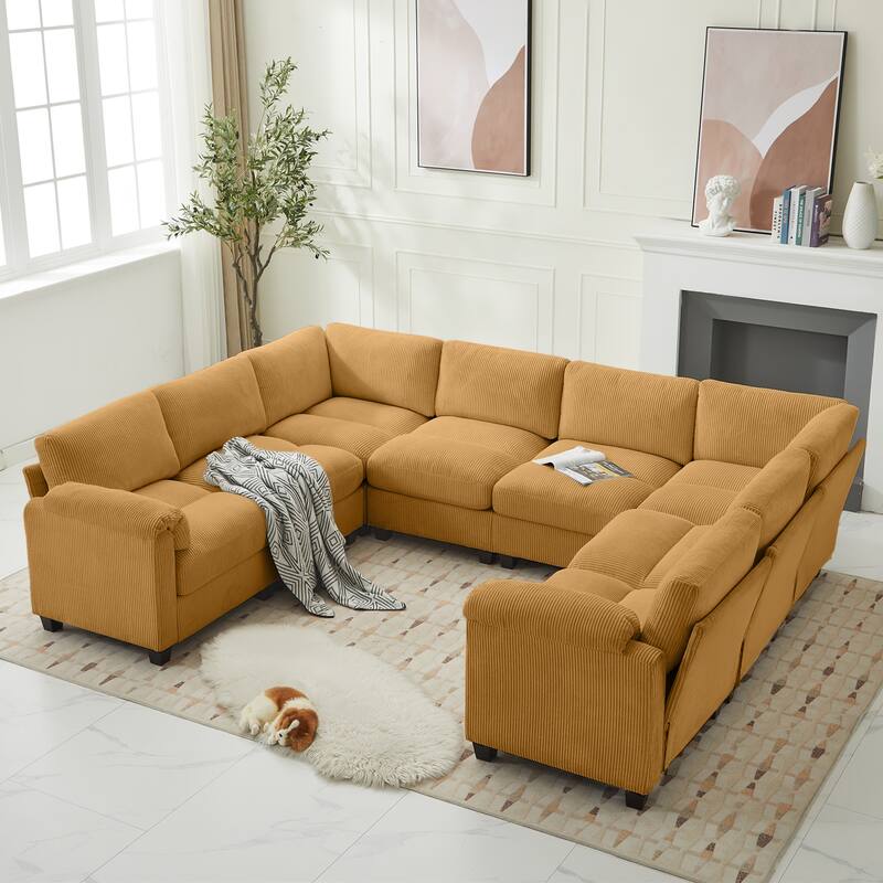Corduroy Corner Sectional Sofas with Chaise, U-shaped Symmetrical 8-seat Modular Couch