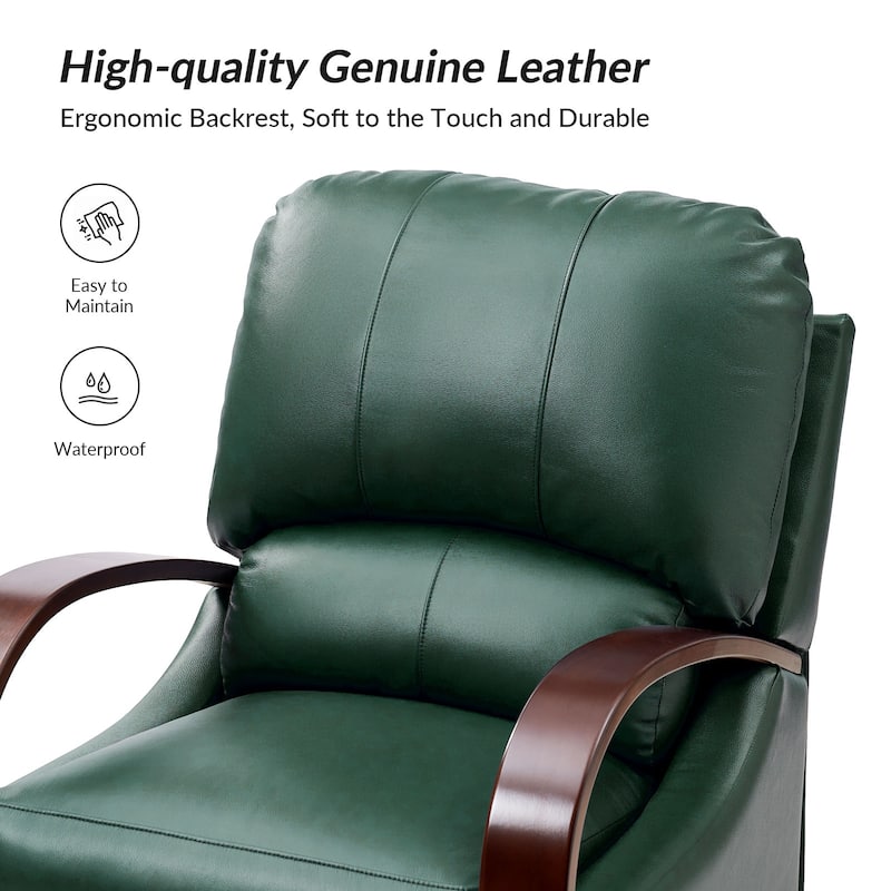 Alex Mid-century Modern Cigar Genuine Leather Manual Recliner with Wooden Curved Arms
