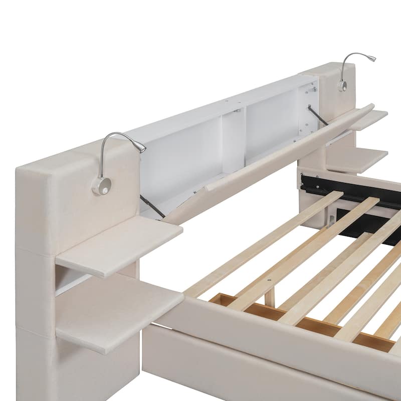 Queen Size Upholstered Platform Bed with Reading Lights, Drawers, Trundle and Shelves