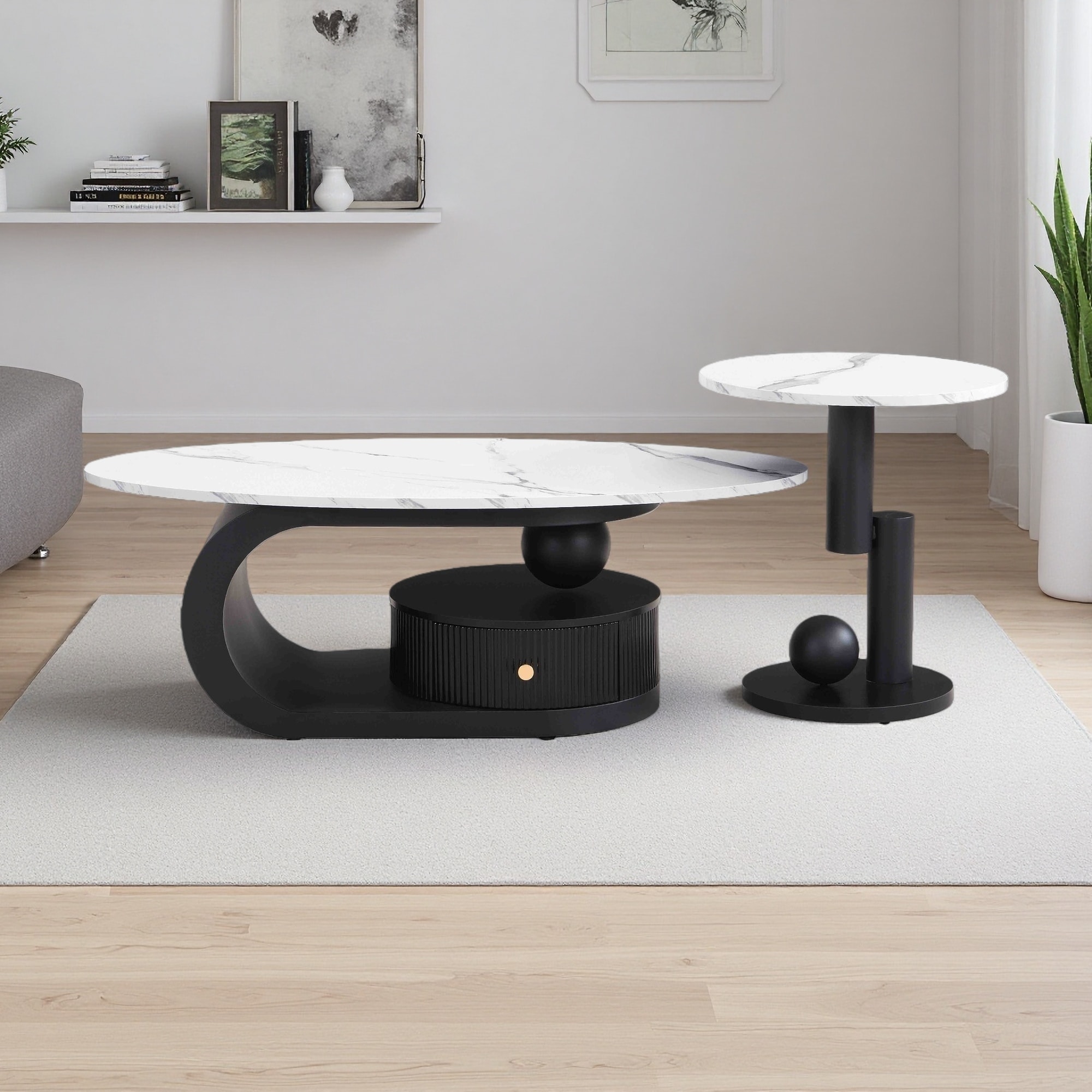 Faux Marble, Plastic, and Metal Oval and Round Nesting Coffee Table Set of 2 with Flexible Combination and Sturdy Construction