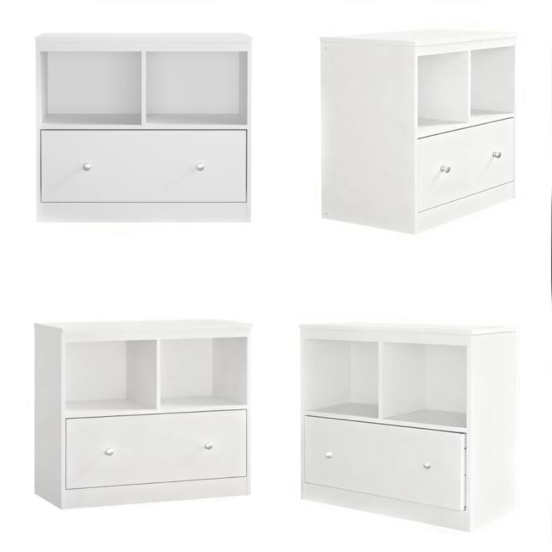 Modern White Storage Cabinet with Open Shelf and Drawer - Kids Playroom and Home Office Organizer