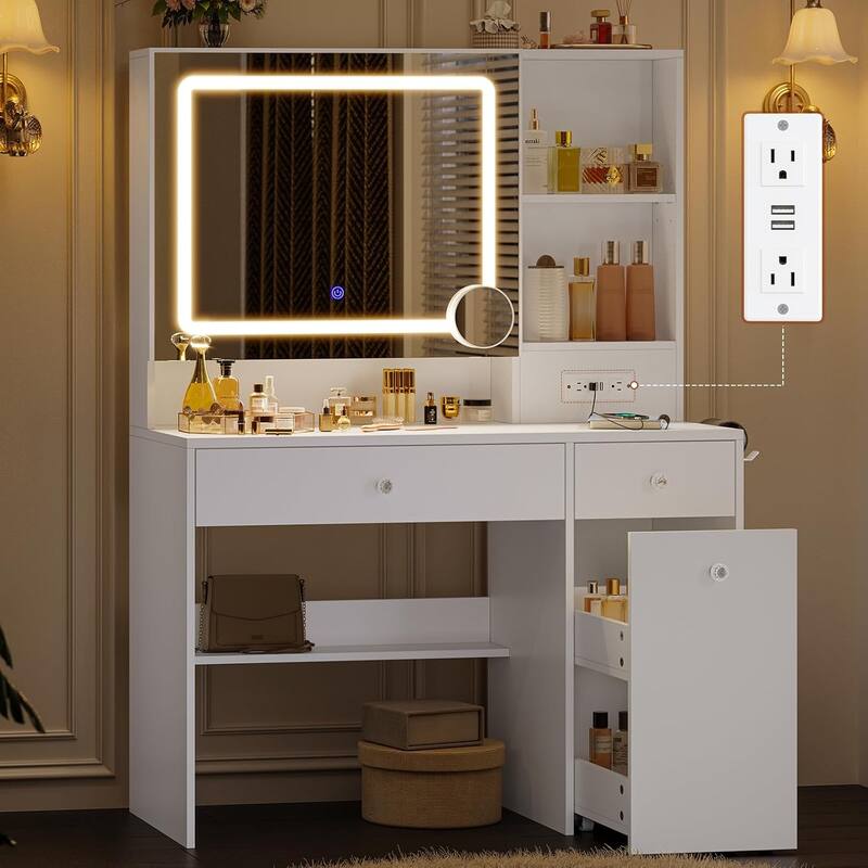 Vanity Desk with Mirror and Lights Power Outlet Drawers 3 Light Modes - Normal