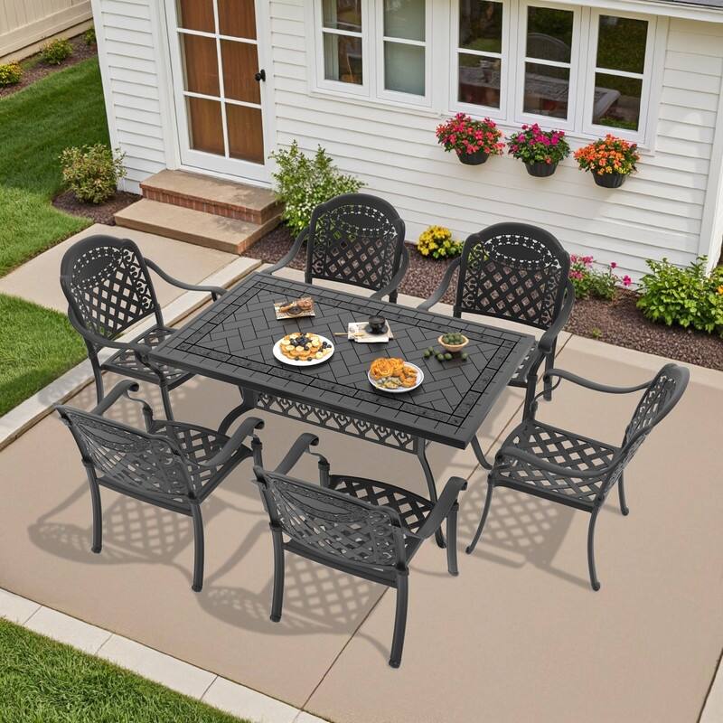 7-Pc Aluminum Patio Set , 6 x Armchairs with Red Cushions with 1 Table