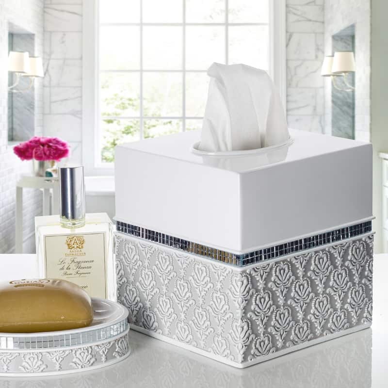 Creative Scents Mirror Damask White & Gray Square Tissue Box Cover