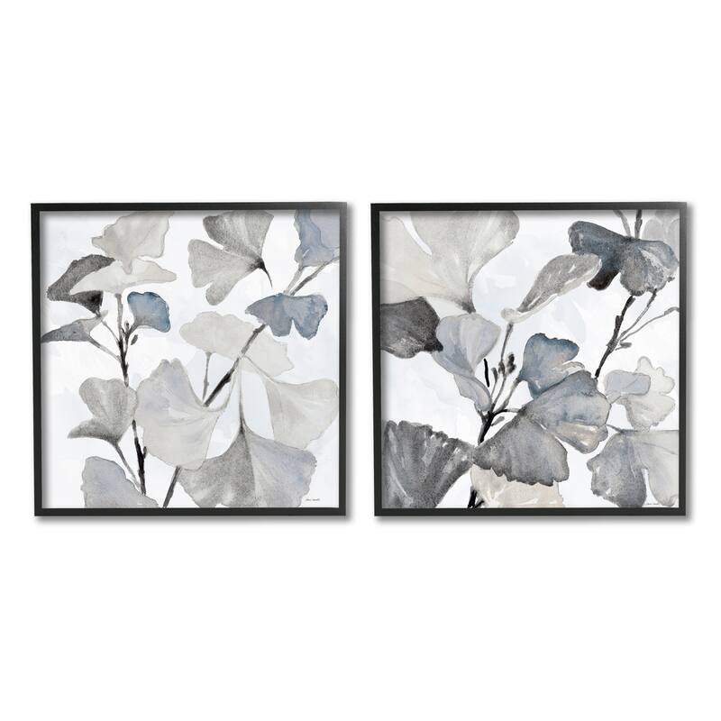 Stupell Elegant Monochromatic Plant Leaves Botanical Illustration Framed 2 Piece Wall Art - White - 24 x 24 - Black