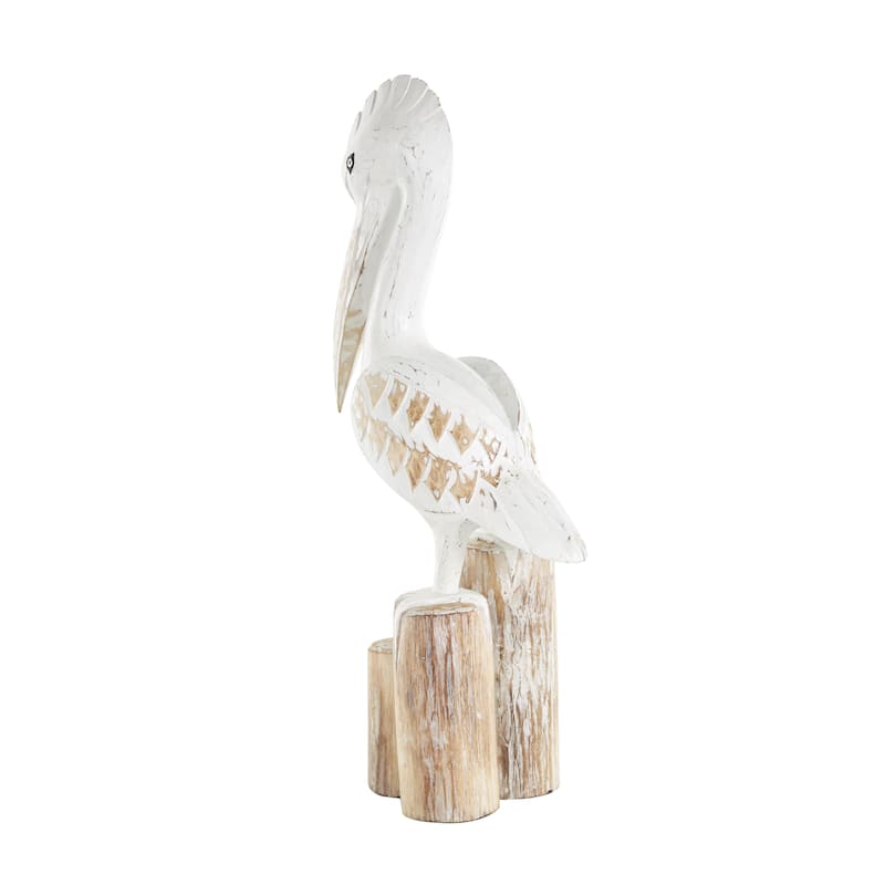 Wood Pelican Handmade Distressed Decorative Sculpture with 3 Brown Posts - White - Roche River Decor
