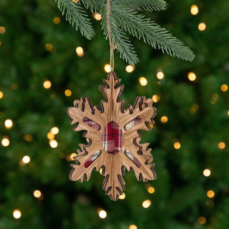 7-Inch 3-D Faux Wood Red Plaid 10 Point Snowflake Christmas Ornament