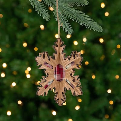 7-Inch 3-D Faux Wood Red Plaid 10 Point Snowflake Christmas Ornament