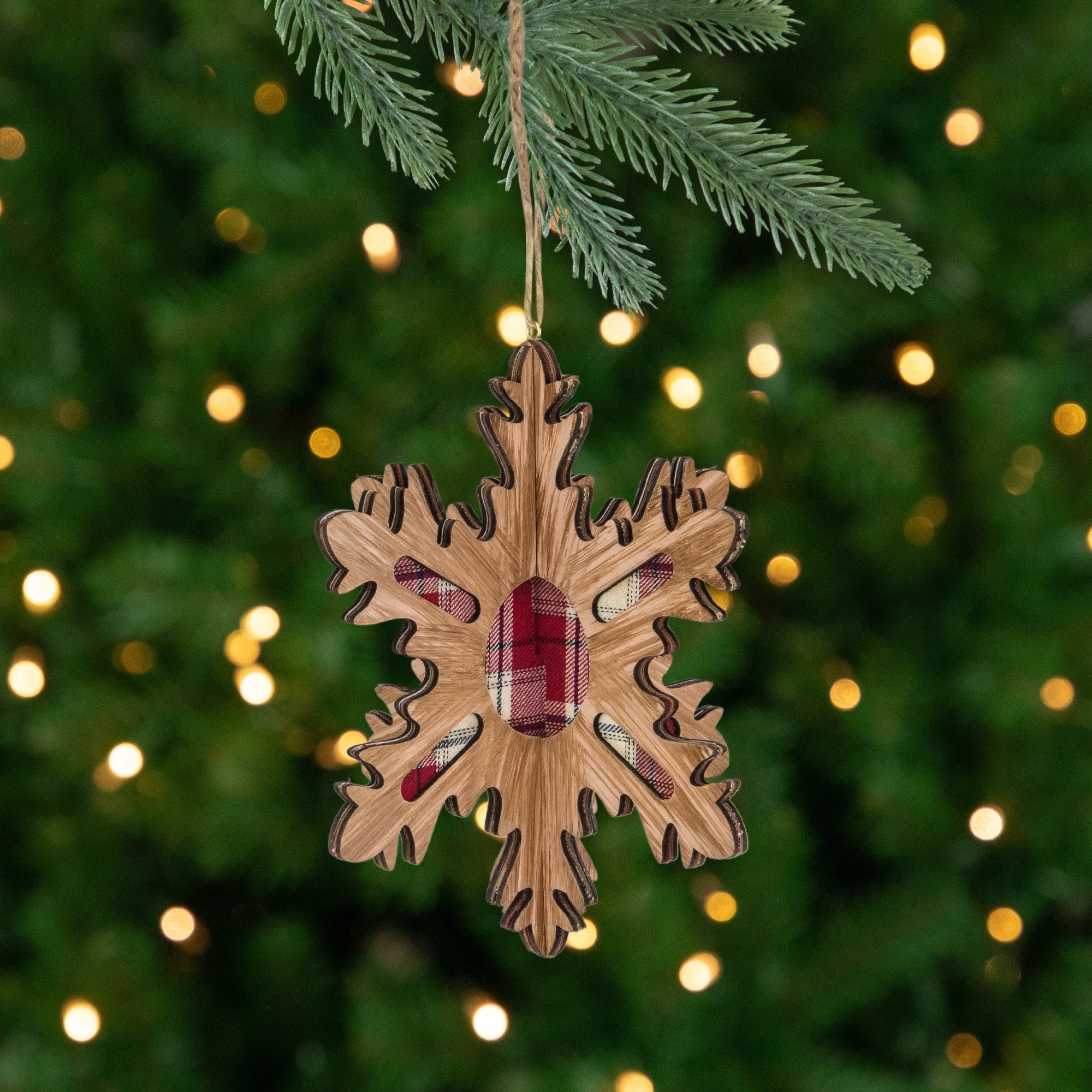 7-Inch 3-D Faux Wood Red Plaid 10 Point Snowflake Christmas Ornament