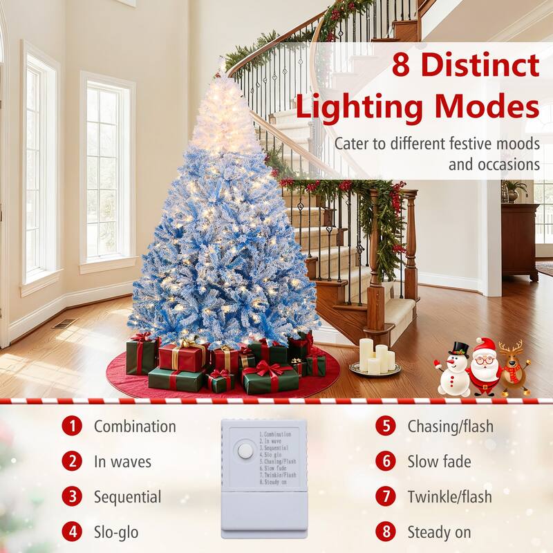 Gymax 5/6/7/8 FT Artificial Christmas Tree Hinged Snow Flocked Xmas - Blue, White
