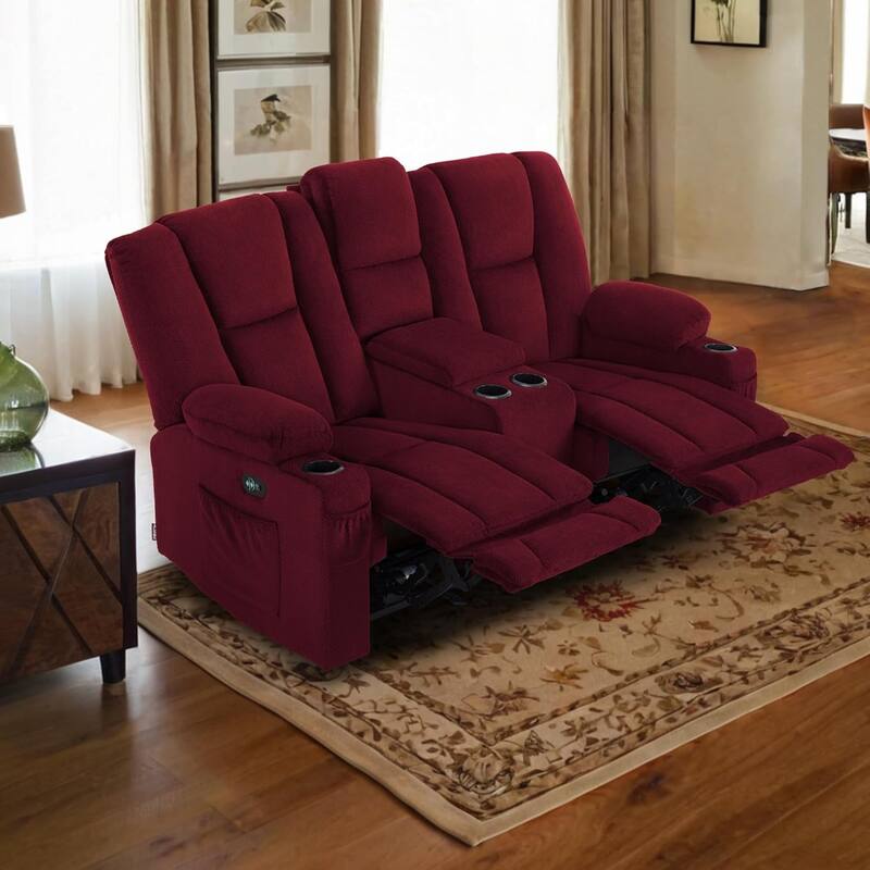 MCombo Electric Power Reclining Sofa with Massage and Lumbar Heat, Fabric 6015/6025/6035/6045 - Loveseat Recliner with Console - Burgundy