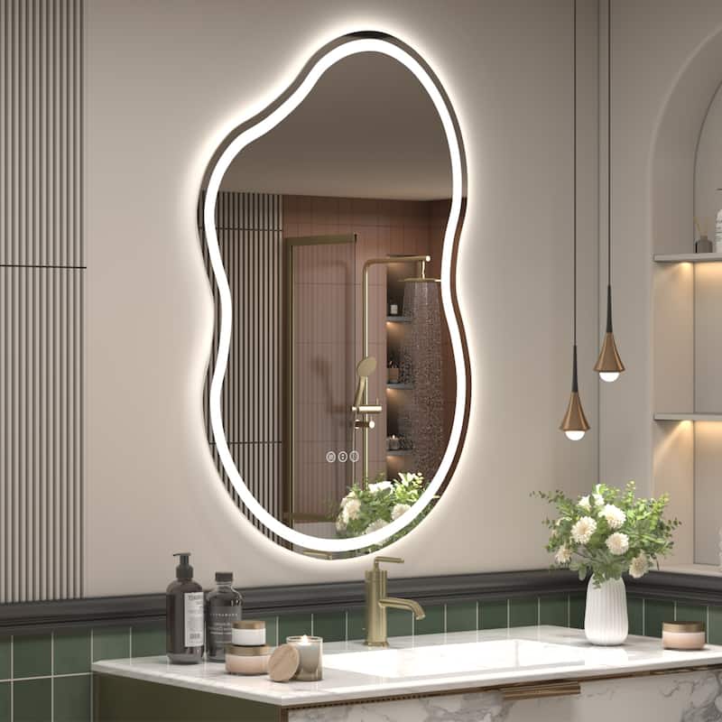 KIOTEE Frameless Irregular LED Anti-Fog Bathroom Vanity Mirror Asymmetrical Front and Backlit Wall Mirror - 24x36