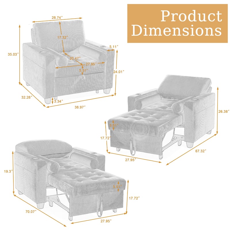 3-in-1 Adjustable Sleeper Sofa Bed Convertible Chair for Living Room