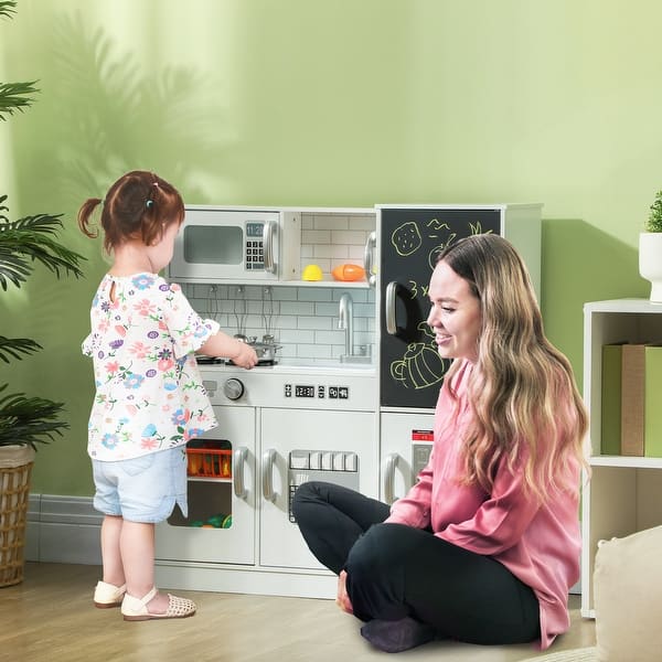 slide 2 of 9, Qaba Play Kitchen, Pretend Kids Kitchen Playset with Play Phone, Chalkboard, Towel Rack, Ice Maker, Storage Space & Microwave Kitchens - 5-7 Years