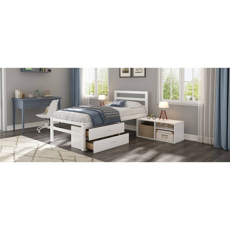 Wood Bed with Removable Shelves & 2 Storage Drawers