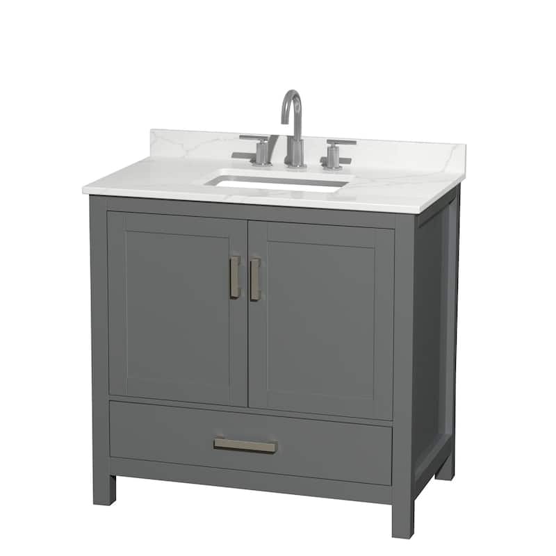 Sheffield 36-inch Single Vanity, 3 Hole Quartz Top - Dark Gray, Chrome Trim, Giotto Quartz Top