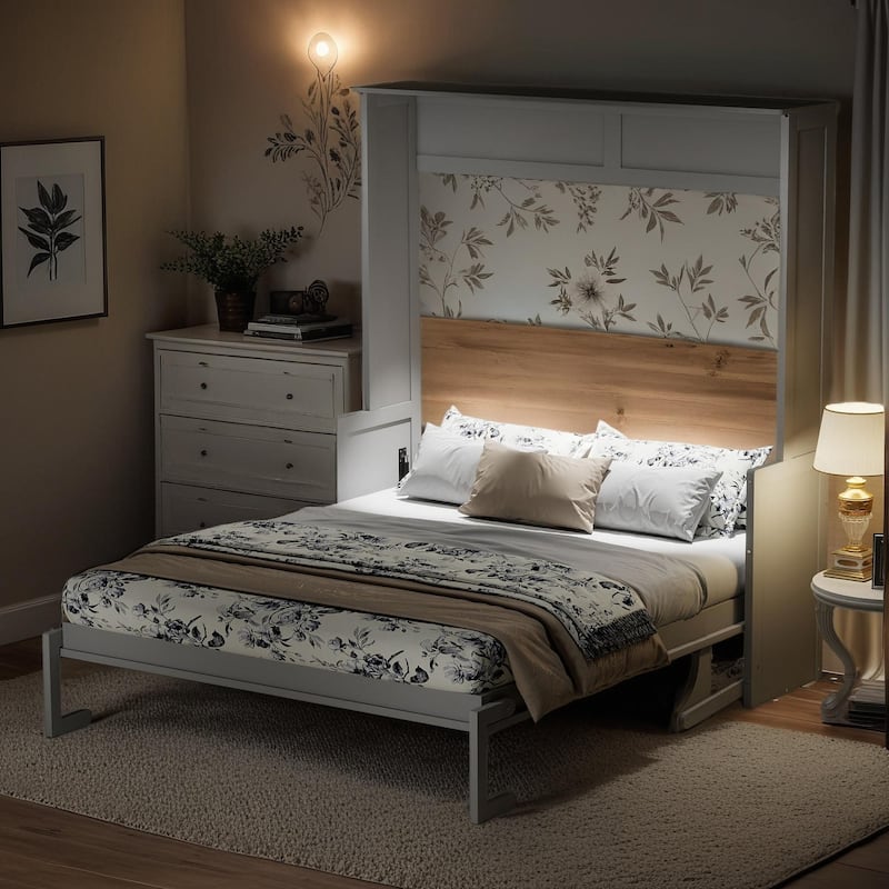 Queen Size Murphy Bed with Fold-Down Desk, Dual LED Lights & Built-In USB Power Station - Grey