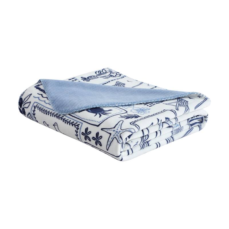 Nautica Plush Fleece Reversible Throw Blanket - Beach Collage Blue