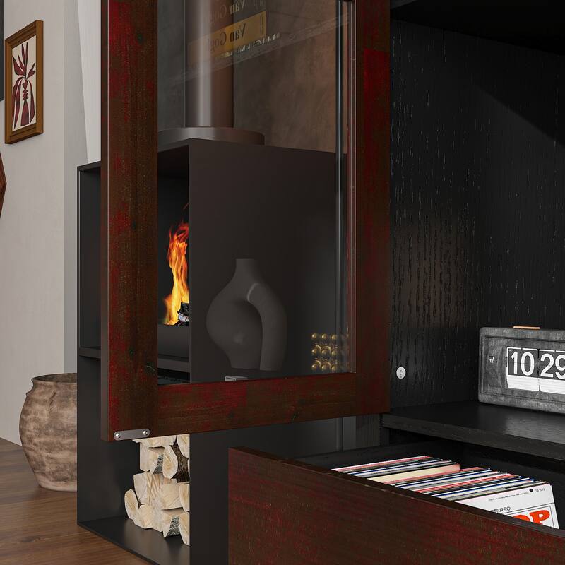 Boho Wood & MDF Display Cabinet with Tempered Glass Doors, Carved Arch Frame & Metal Handle Drawer