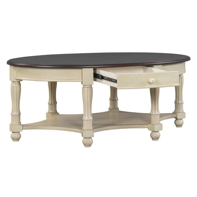 Vintage 45" Oval Coffee Table with Drawer and Storage Shelf, Elegant French Country Living Room Accent Table