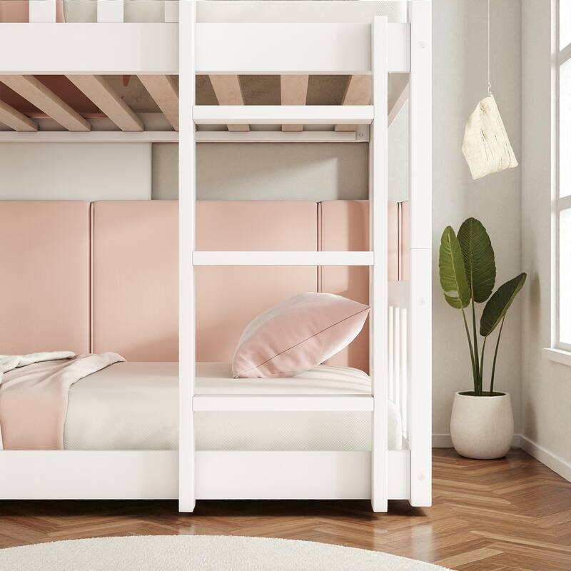 Twin Over Twin Over Twin Rubber Wood Triple Bunk Bed with Guardrails and Ladders, Detachable Convertible Triple Twin Bed Frame