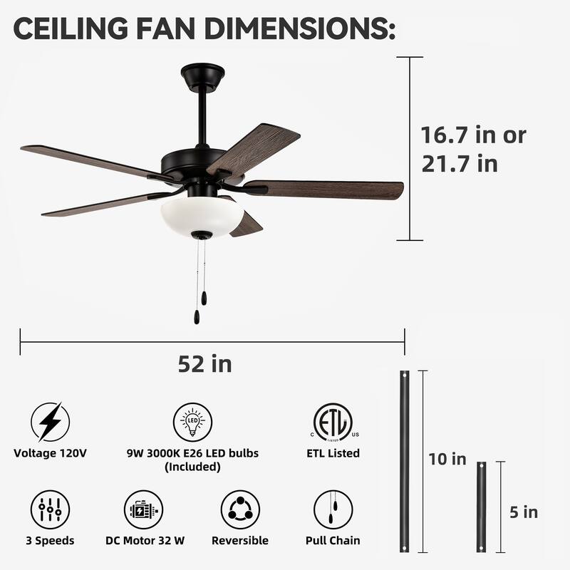 Matte Black 52 in. Indoor 5-Blade Reversible Ceiling Fan with Light Kit and Pull Chain
