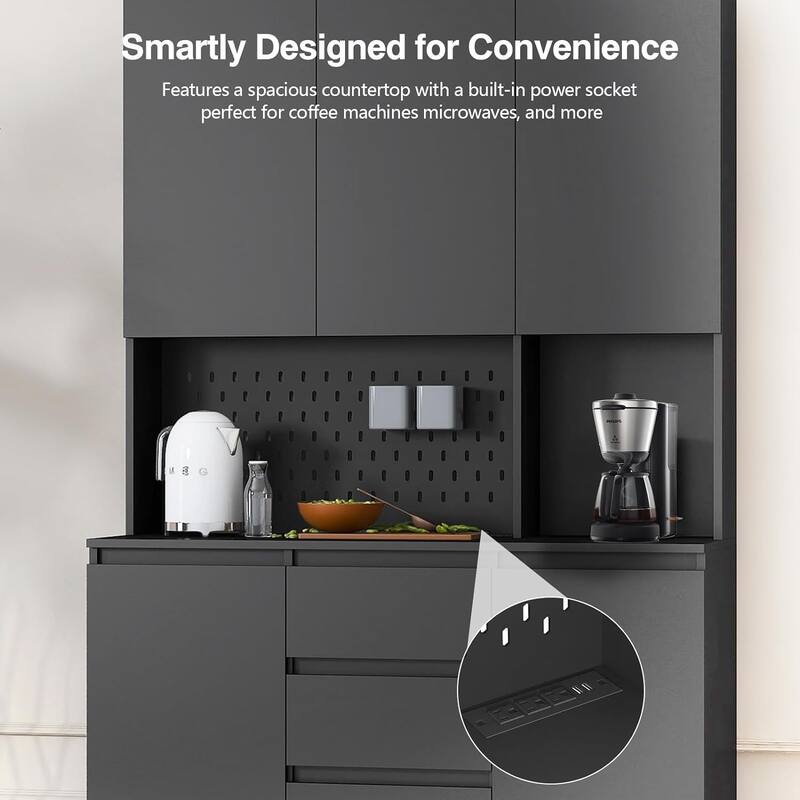 74” Kitchen Pantry Storage Cabinet with Charging Station