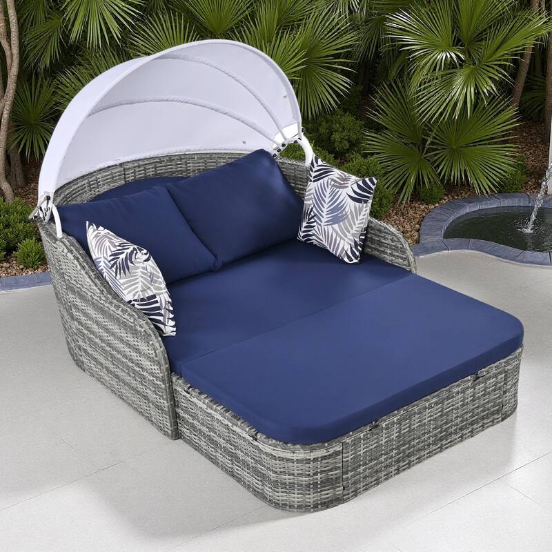 79.9" Outdoor Patio PE Rattan Daybed Sunbed with Adjustable Canopy