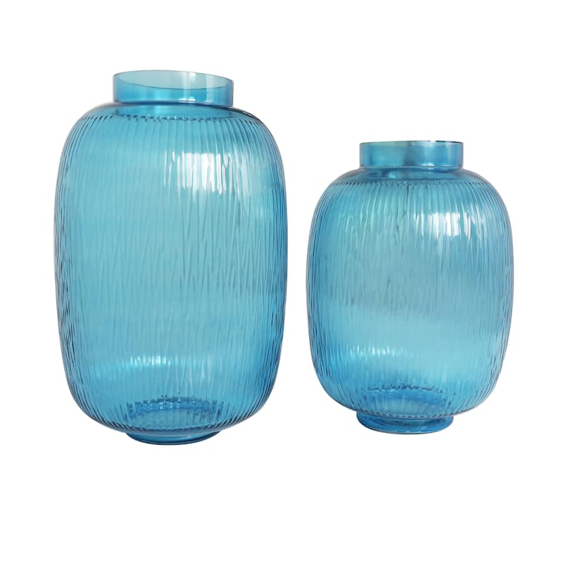 Blue Glass Ribbed Decorative Vase (Set of 2)