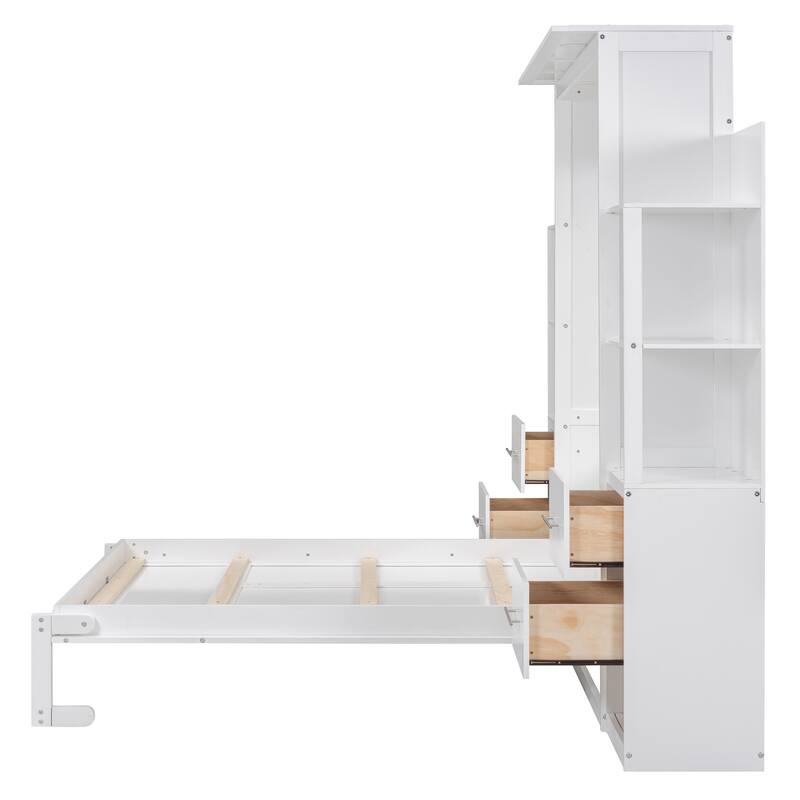 Murphy Bed Foldable Bed with Two 4-Layer Shelves Space Optimizing Wall Bed with 4 Drawers and LED Lights for Bedroom Apartment