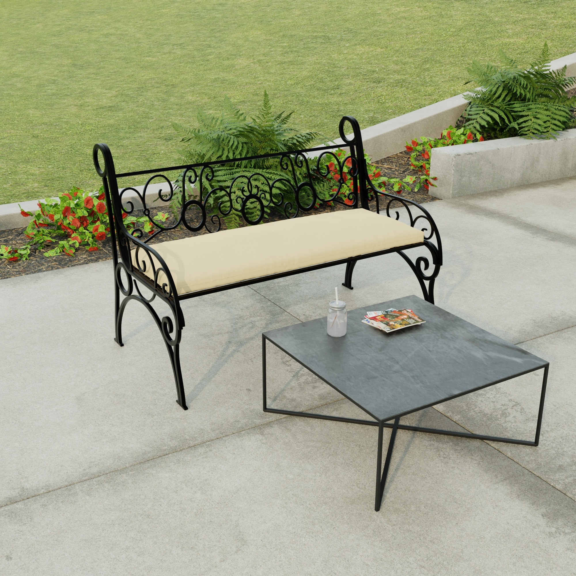 48" x 18" Beige Solid Outdoor Bench Cushion with Ties - 18'' L x 48'' W x 3.5'' H