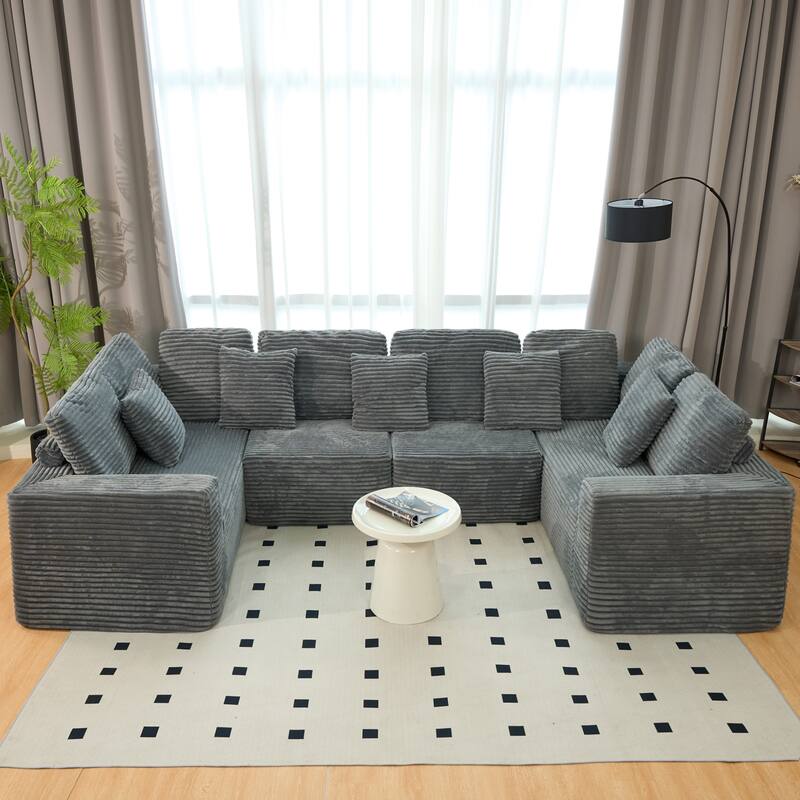Pet Friendly Corduroy Sleeper Sofa Bed Modular U-Shaped Sectional Sofa with Chaise Lounge, Floor Standing Couch with Pillows - Grey
