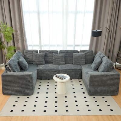 Pet Friendly Corduroy Sleeper Sofa Bed Modular U-Shaped Sectional Sofa with Chaise Lounge, Floor Standing Couch with Pillows