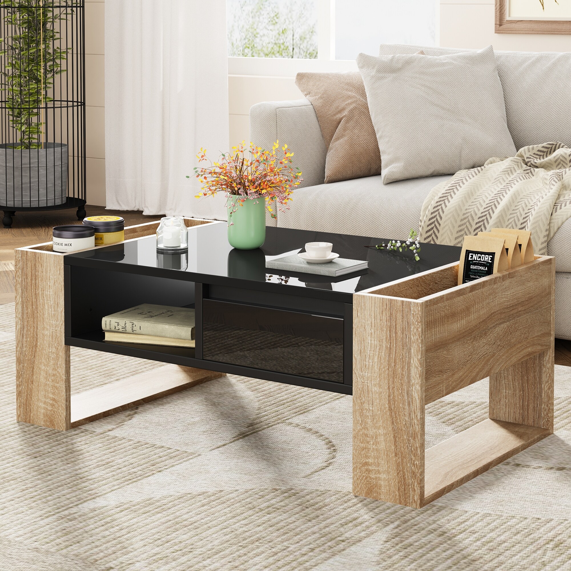 High Glossy Coffee Table Lounges Center Table with 2 Drawers, Storage Legs, Rectangle Wood Cocktail Table for Living Rooms