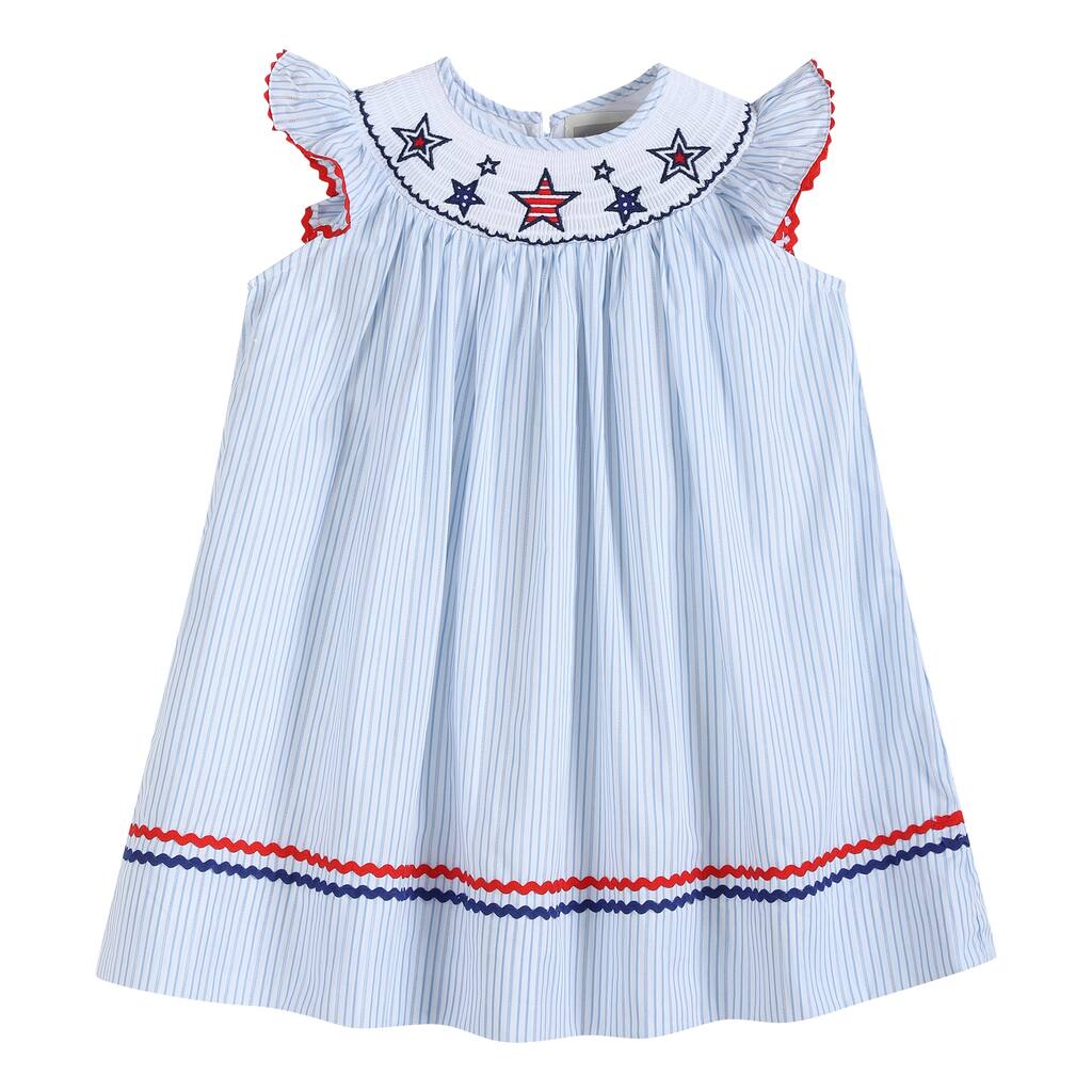 Lil Cactus 4th of July Blue Striped Stars Smocked Bishop Dress