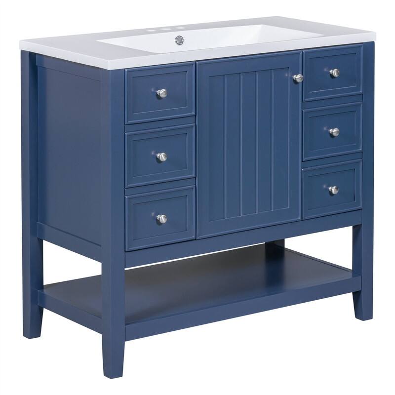 36" Bathroom Vanity with Ceramic Sink，Freestanding Bathroom Vanity Cabinet with 1 Door, 3 Storage Drawers and Adjustable Shelf