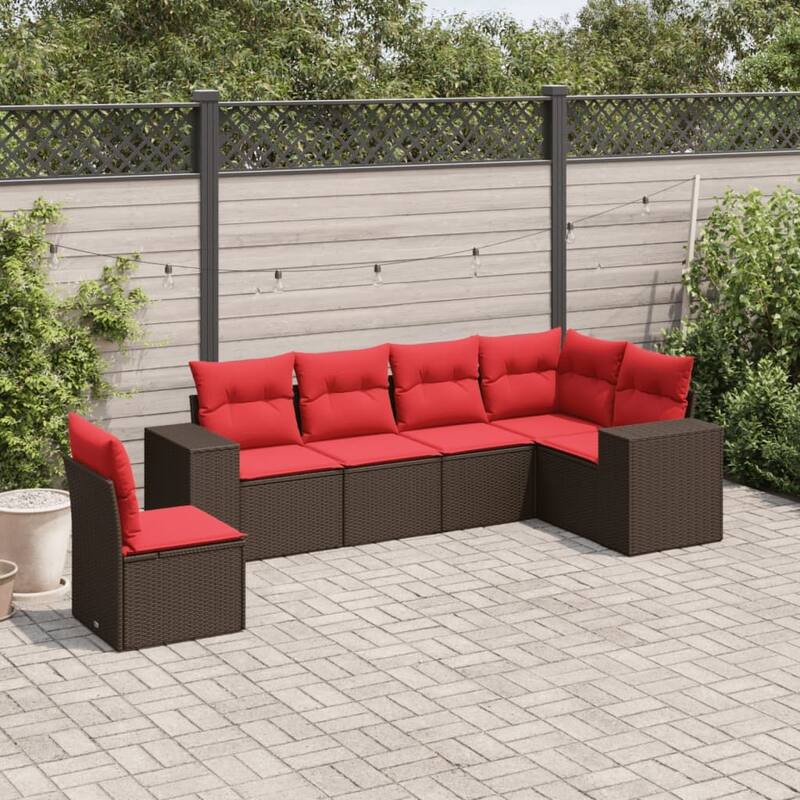 vidaXL 6/7 Piece Patio Sofa Set with Cushions Brown/Gray Poly Rattan - 24.4 x 24.4 x 27.2 - Brown Without table