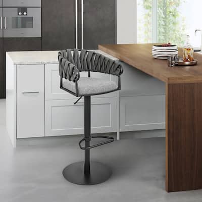 Silabe Grey Faux Leather and Upholstery Swivel Adjustable Height Bar Stool with Black Base