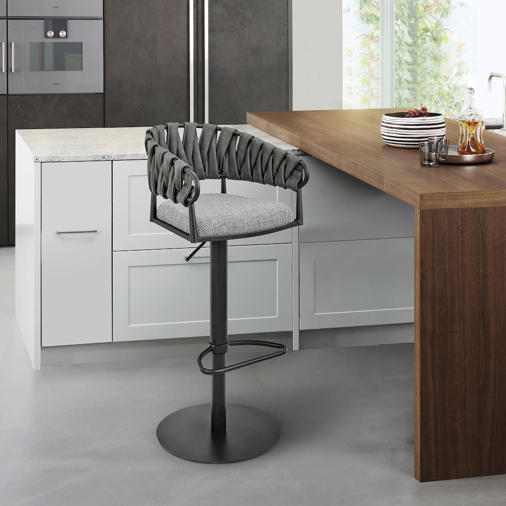 Silabe Grey Faux Leather and Upholstery Swivel Adjustable Height Bar Stool with Black Base