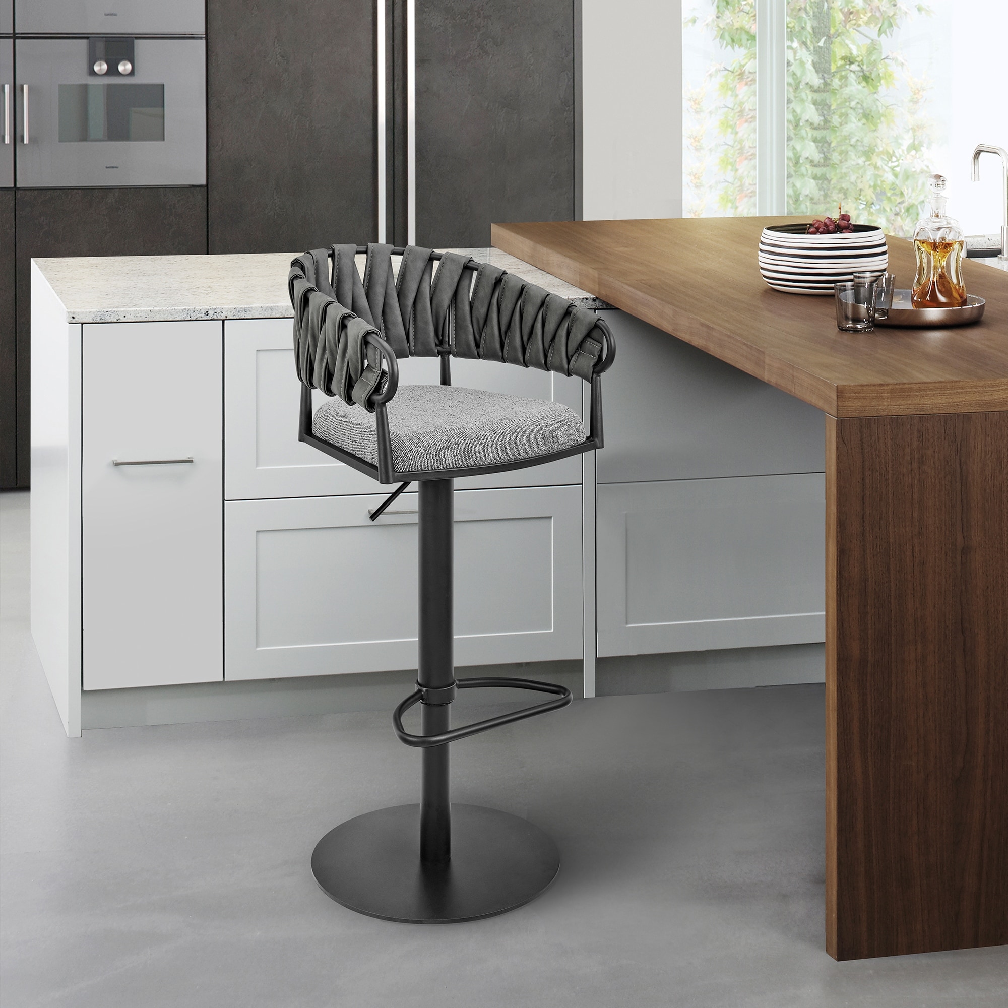 Silabe Grey Faux Leather and Upholstery Swivel Adjustable Height Bar Stool with Black Base