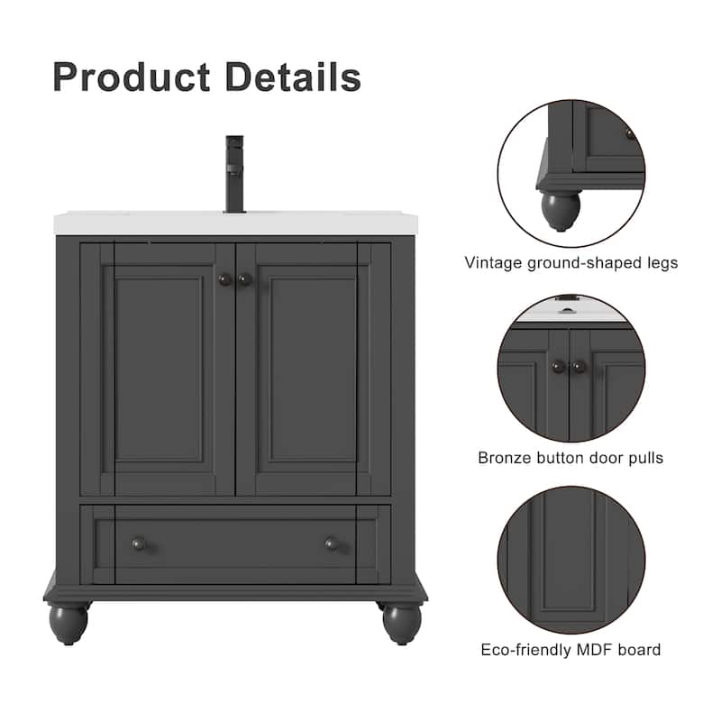 Retro Bathroom Vanity Cabinet Solid Wood Classic with Ceramic Sink