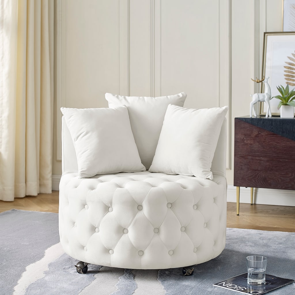 Beige 30" Swivel Button Tufted Accent Chair with Wheels