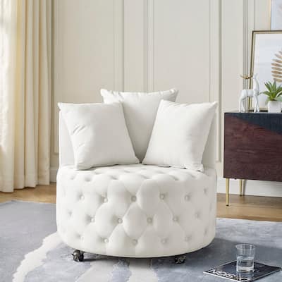 Beige Modern 30" Upholstered Swivel Button Tufted Accent Chair with Movable Wheels and 3 Pillows
