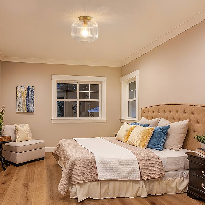 1-Light Mid-Century Modern Ribbed Glass Flush Mount Light