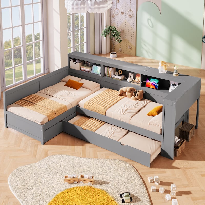 Wood Twin Size L-shaped Platform Bed with Trundle, Charging Station and Storage Shelves