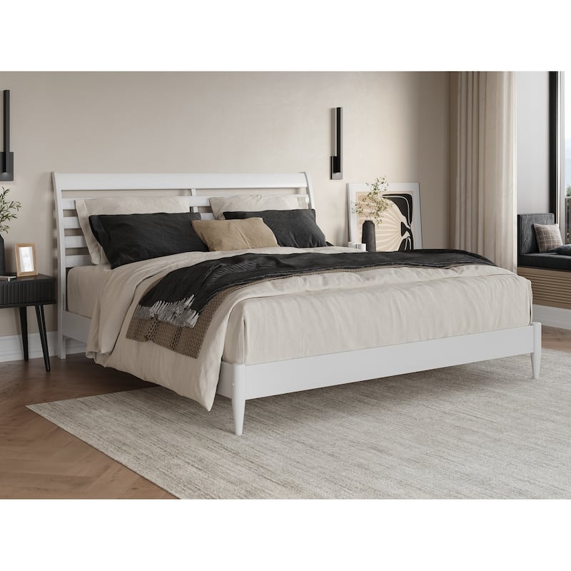 King Size Platform Bed - Solid Wood Low Profile Bed Frame - Rustic Recluse Design - White Finish