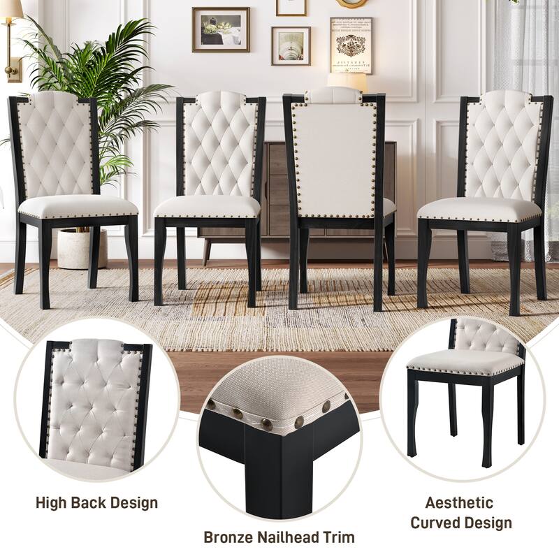 High Back Tufted Dining Chairs with Wood Legs, Nailhead Trim, Set of 4